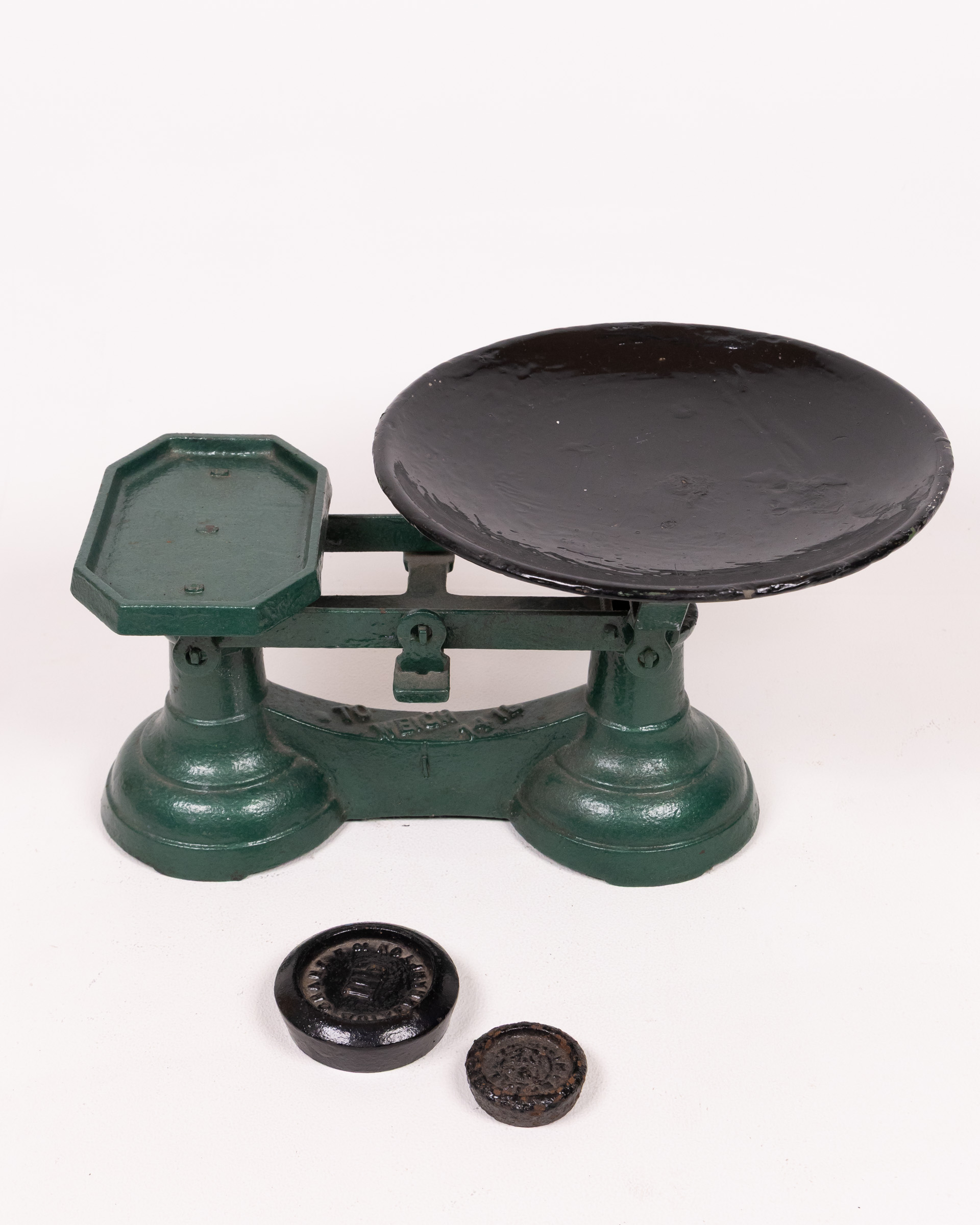 Vintage Green Cast Iron Kitchen Scales with Metal Bowls & Weights