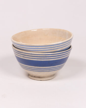 Vintage Cream and Blue Striped Ceramic Bowls – Set of 2 Farmhouse Decor