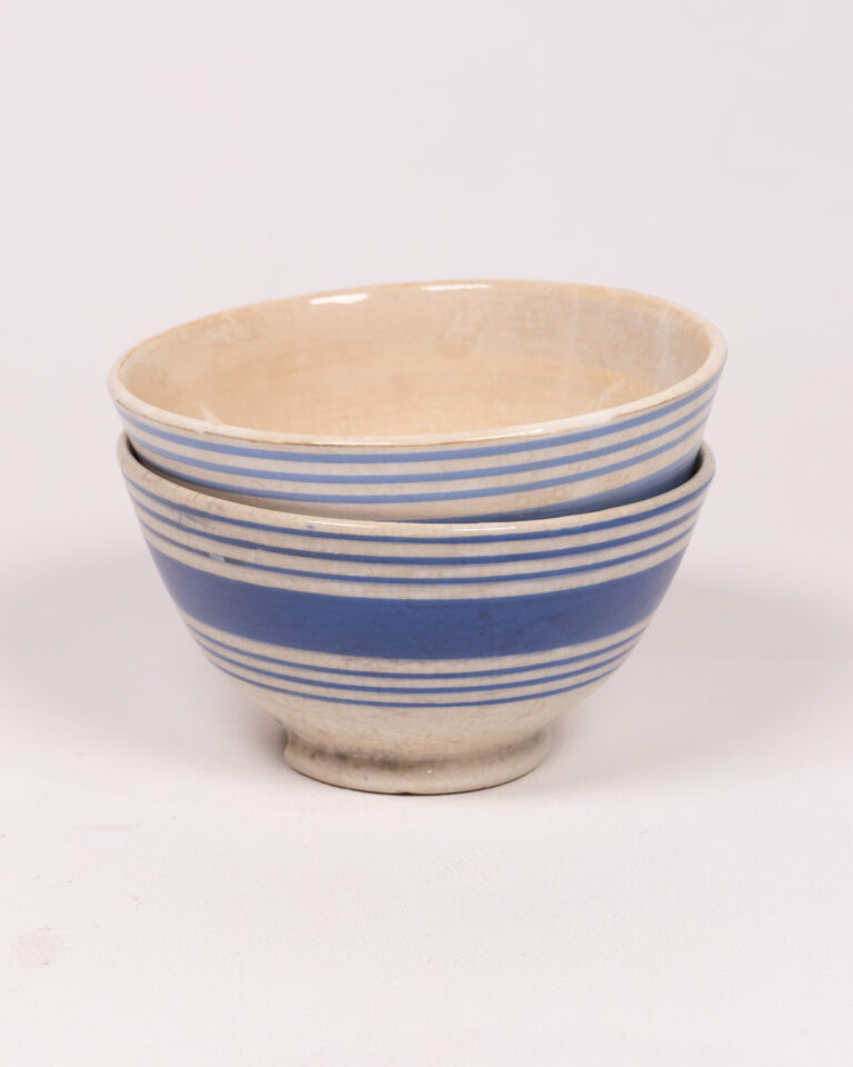 Vintage Cream and Blue Striped Ceramic Bowls - Set of 2 Farmhouse Decor