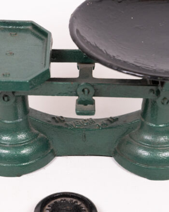 Vintage Green Cast Iron Kitchen Scales with Metal Bowls & Weights