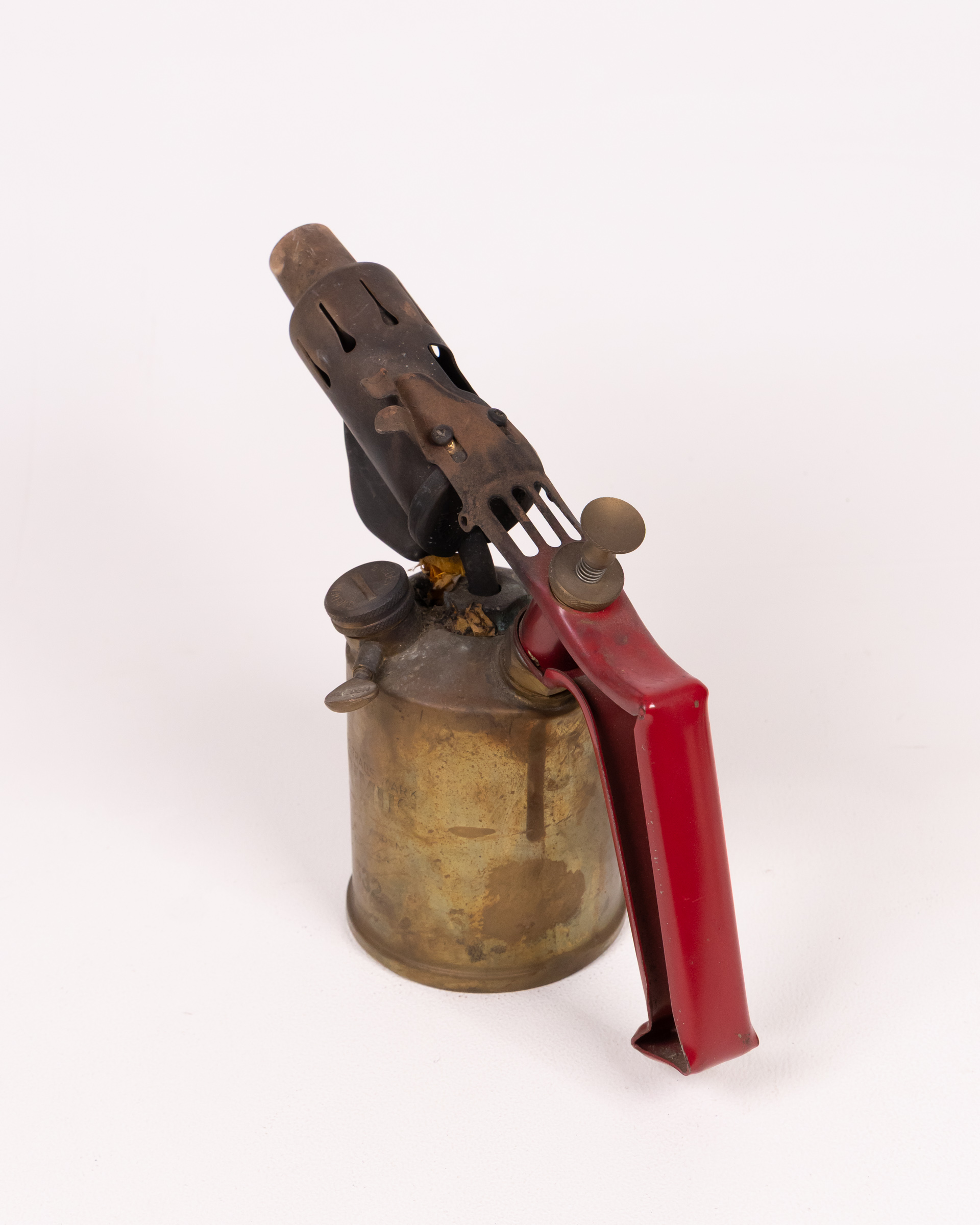 Vintage Industrial Brass Blow Torch with Red Handle
