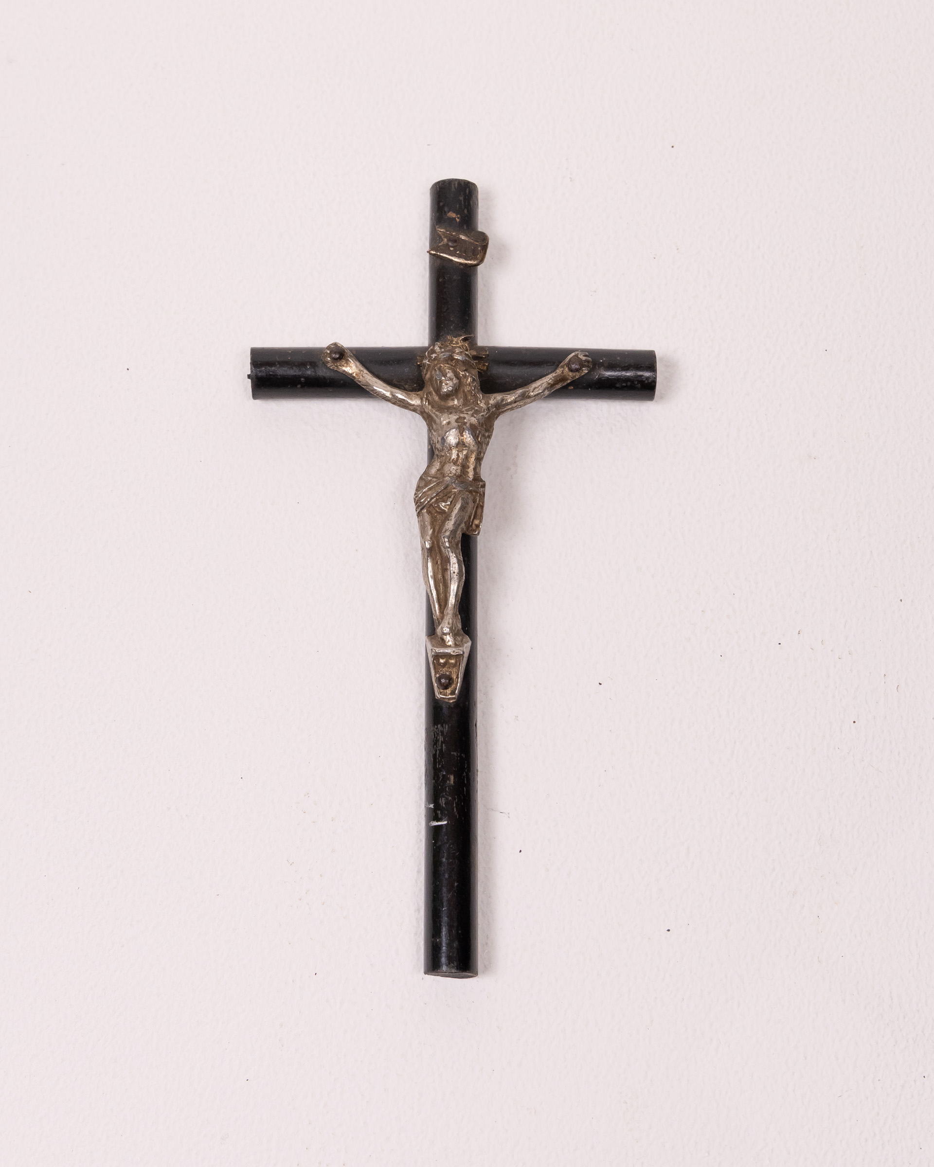 Vintage Crucifix, Black Wood Cross with Silver Tone Metal Jesus Figure