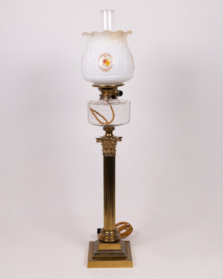 Antique Brass Converted Oil Lamp with Floral White Glass Shade