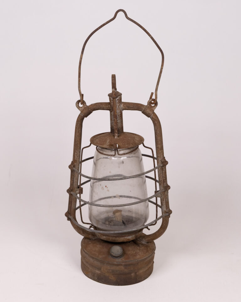 Vintage Rustic Metal Oil Lantern with Distressed Finish & Glass Globe