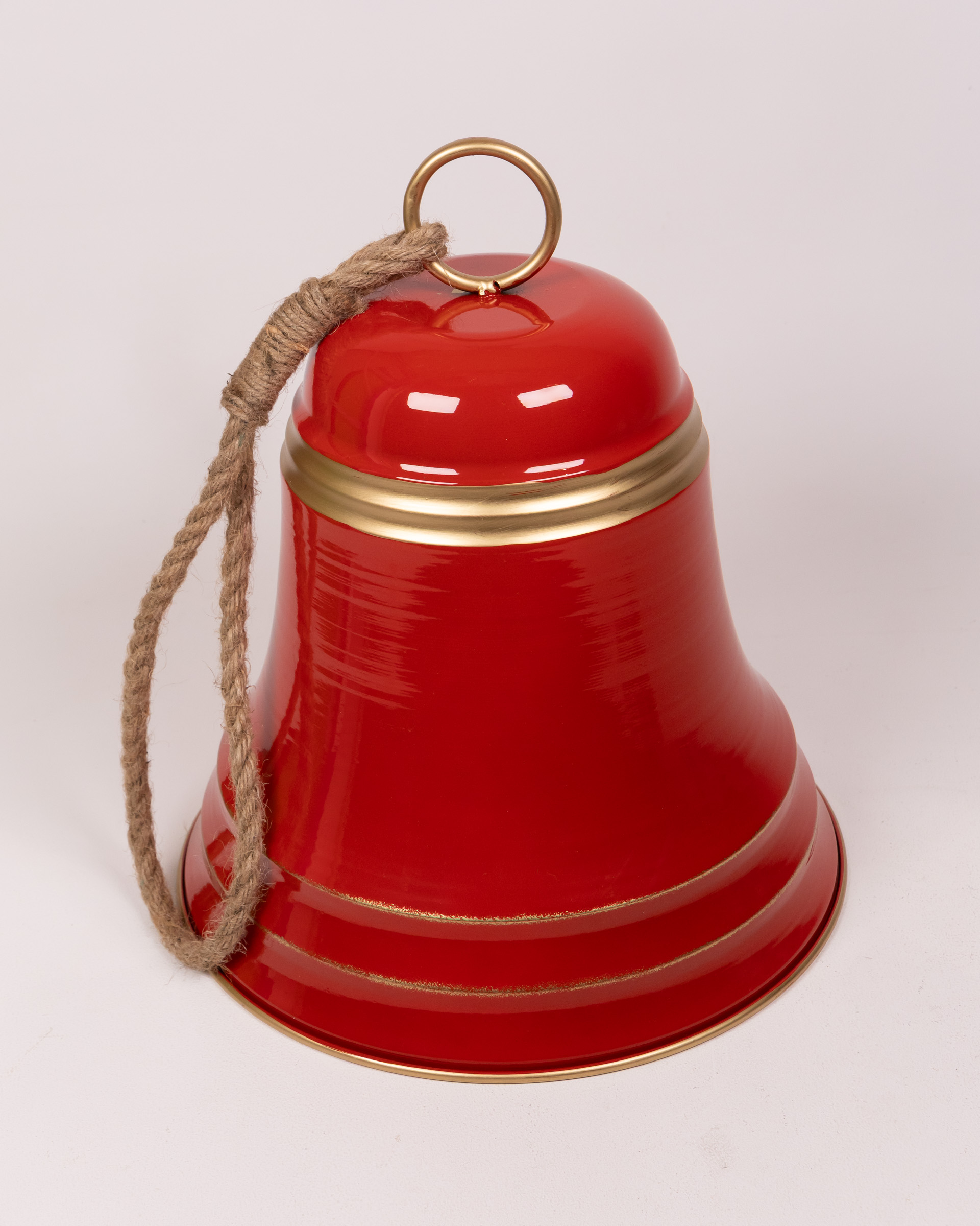 Festive Red Hanging Christmas Bell Decoration with Gold Trim and Rope