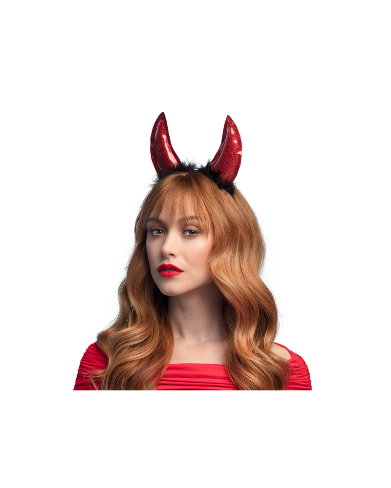 Red Glitter Devil Horns Headband with Faux Fur