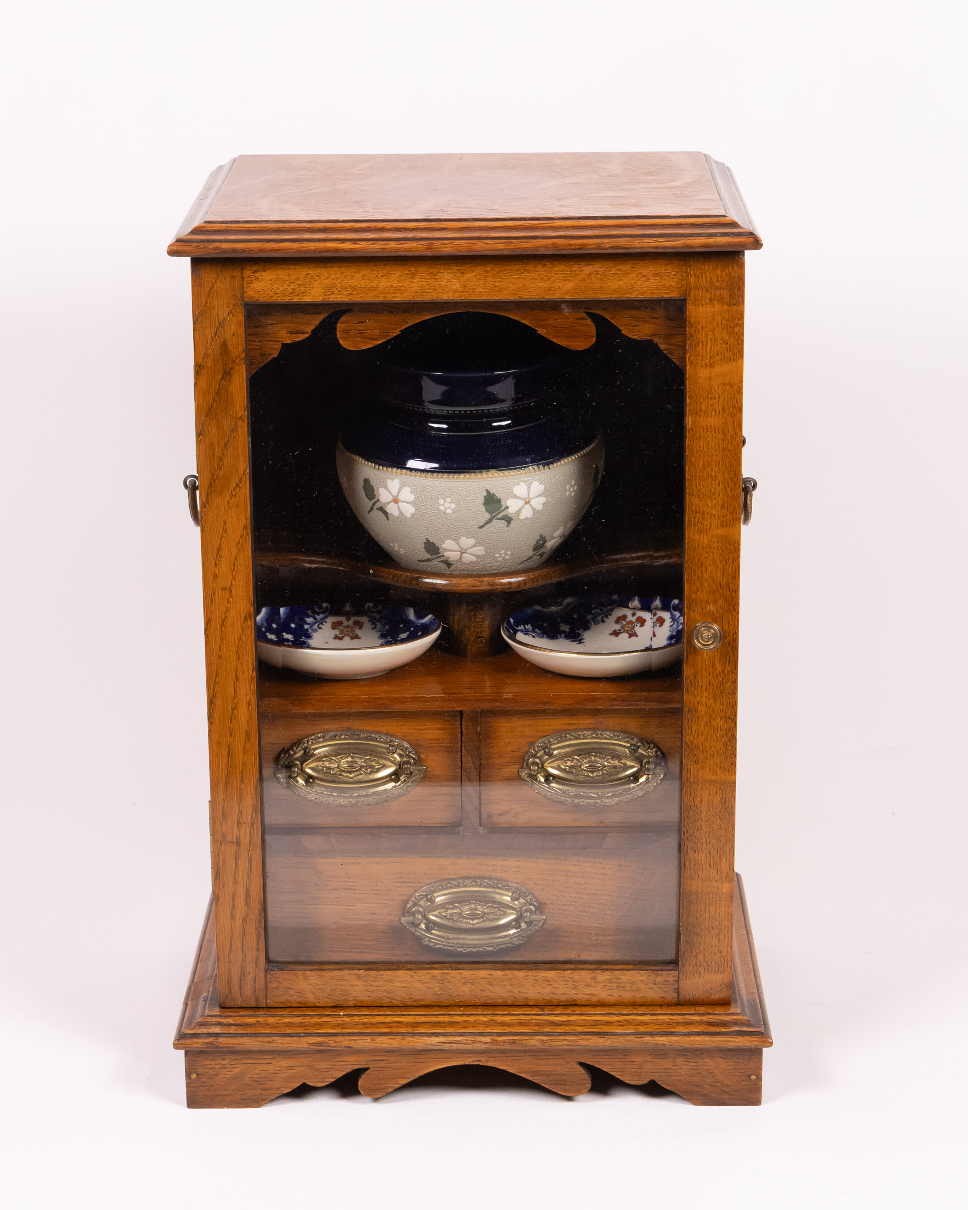 Rare Complete Vintage Wooden Smoking Cabinet with Glass Door