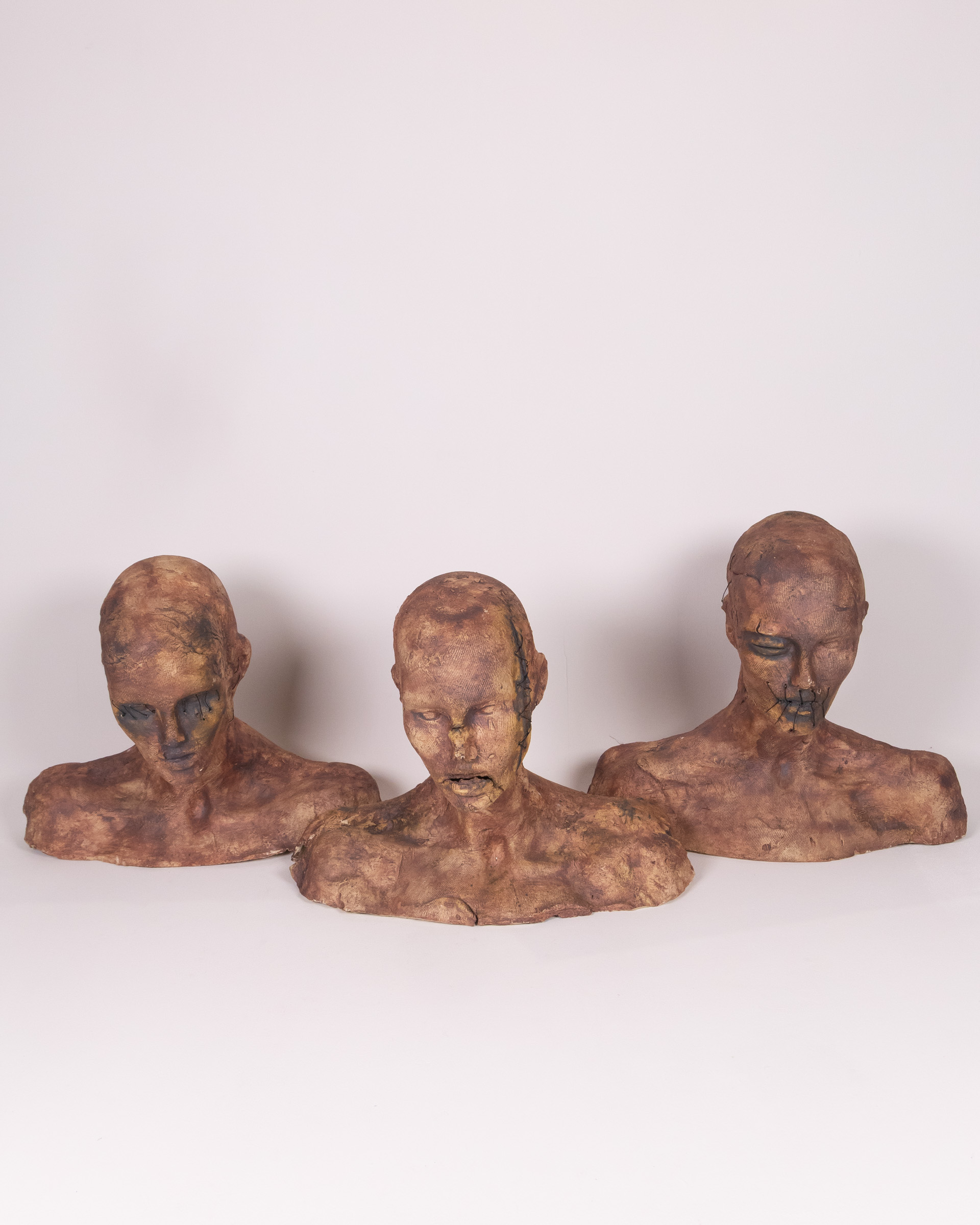 Hear No Evil Speak No Evil See No Evil Bust Sculptures with Hand Sewn Accents