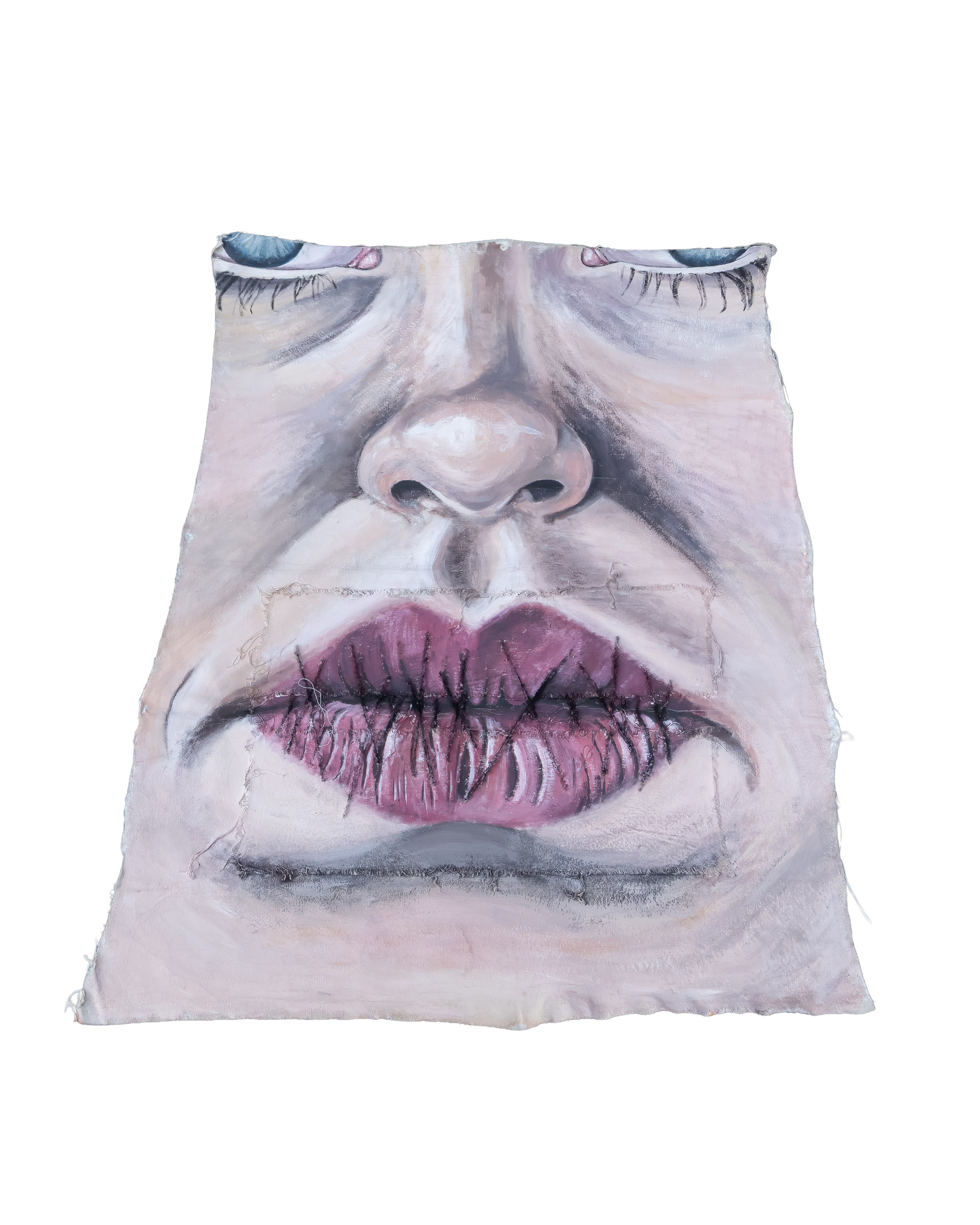 Contemporary Fabric Face Art Wall Hanging with Stitched Mouth