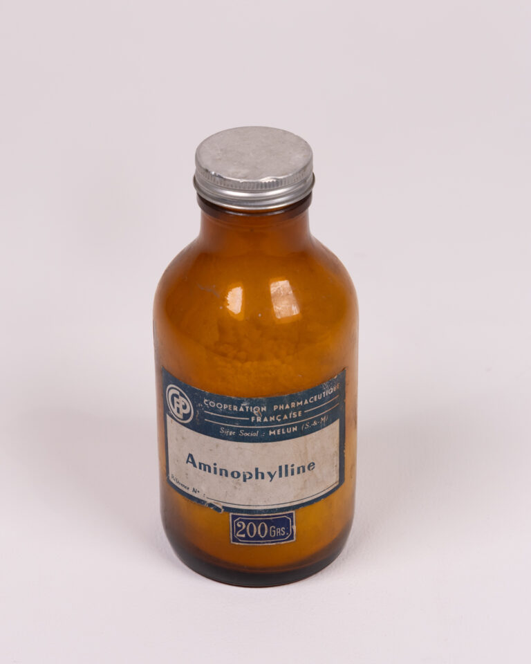 Vintage Brown Glass Aminophylline Bottle with Metal Lid