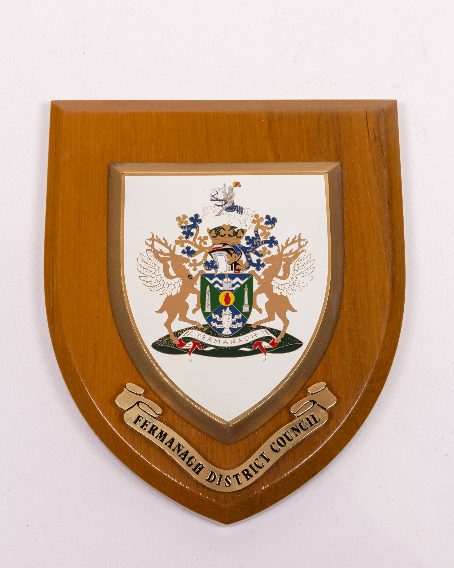 Vintage Fermanagh District Council Wood Shield with Emblem