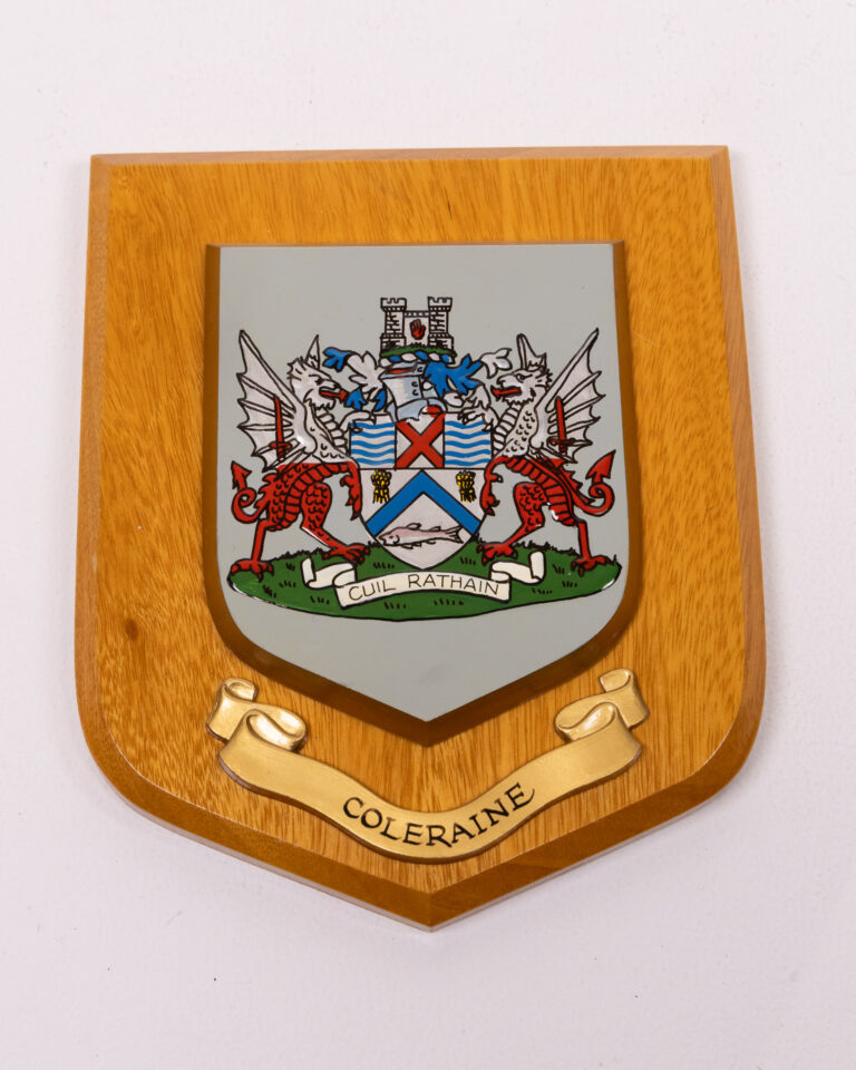 Wooden Coleraine Town Crest Wall Plaque with Gold Banner