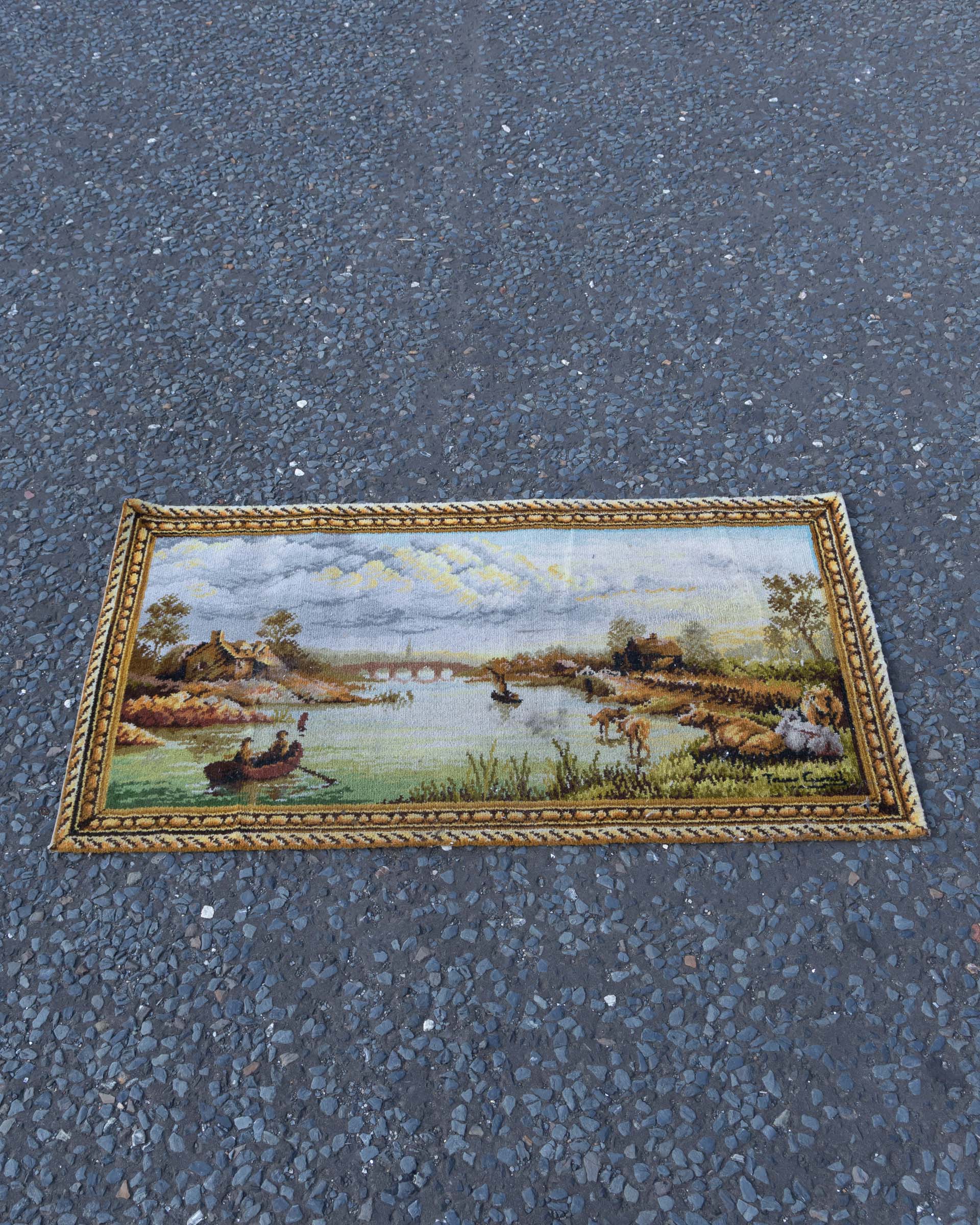 Vintage Framed Tapestry Landscape with River Scene OTS2572