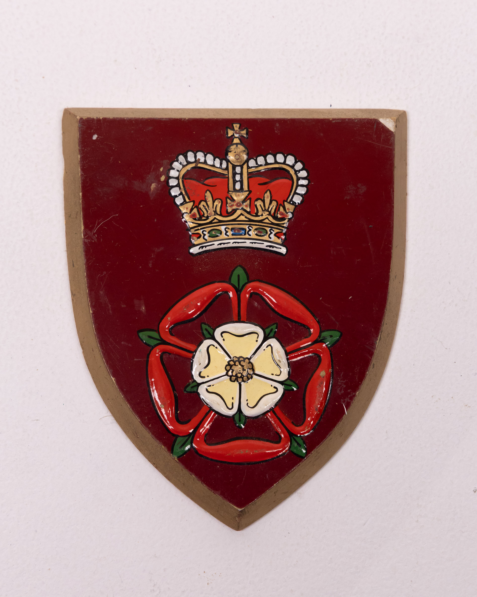 Vintage Wooden Heraldic Shield with Royal Crown & Rose