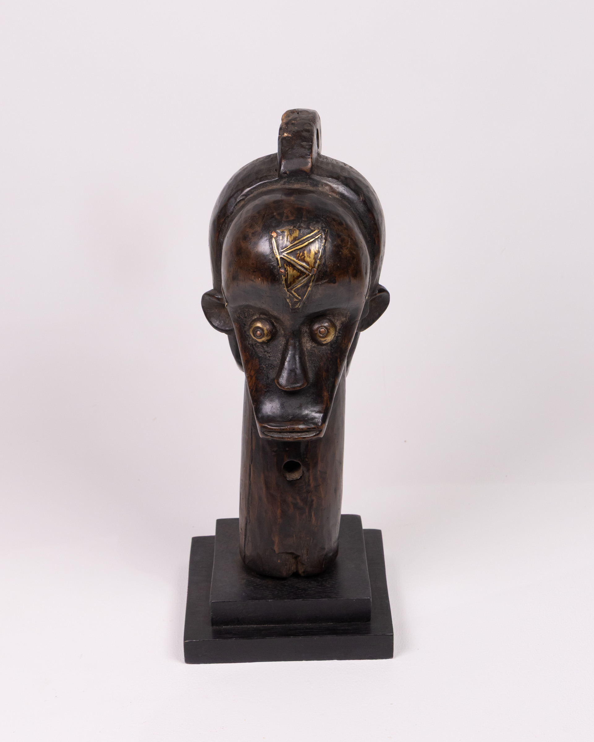Vintage African Fang Wood Head Sculpture with Brass Inlay