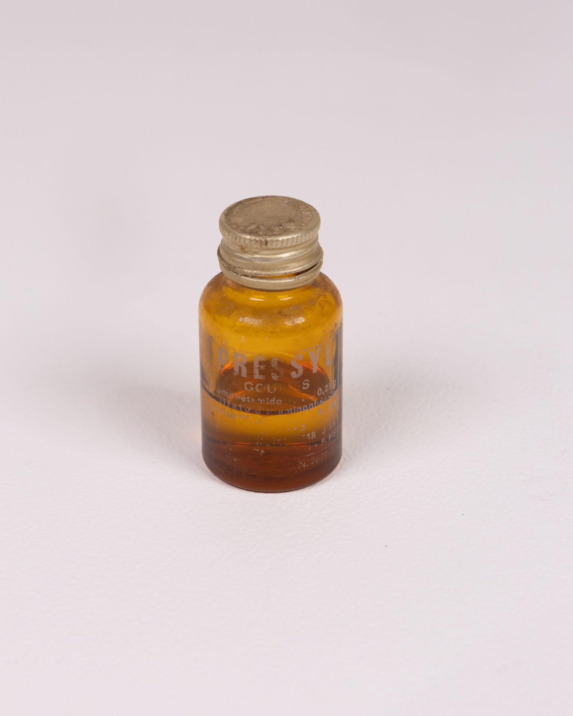 Vintage Amber Glass Medical Bottle with Metal Lid