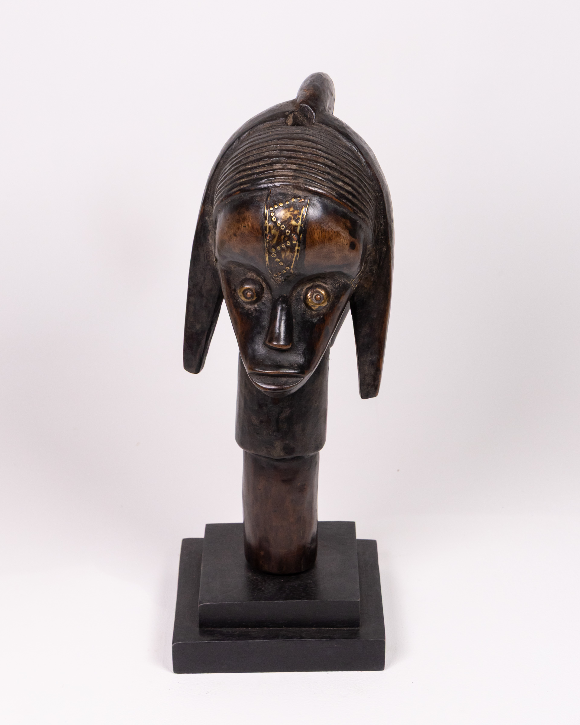 Vintage African Fang Wood Head Sculpture with Brass Inlay