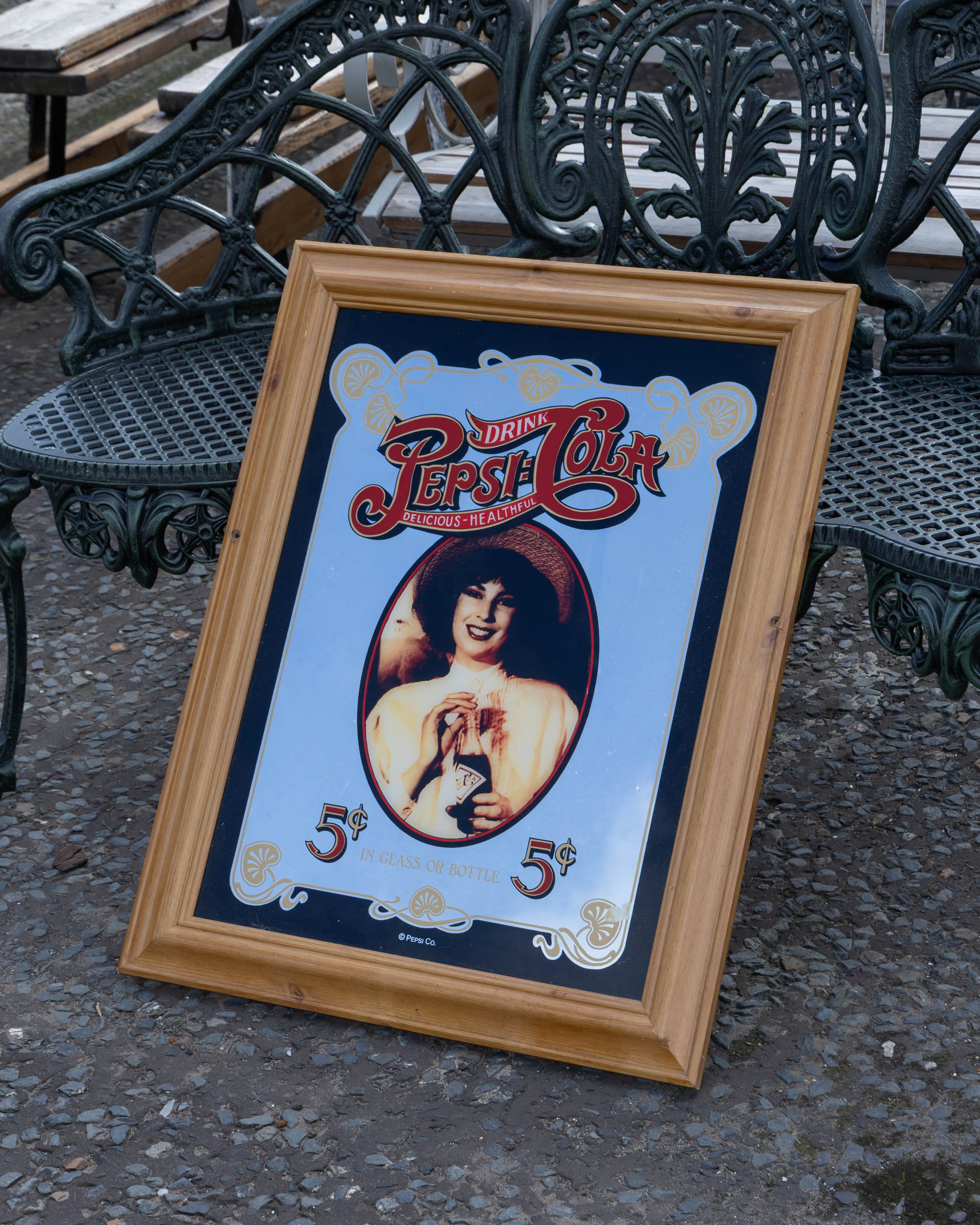 Vintage Pepsi-Cola Wood Framed Mirror with Advertisement - On The