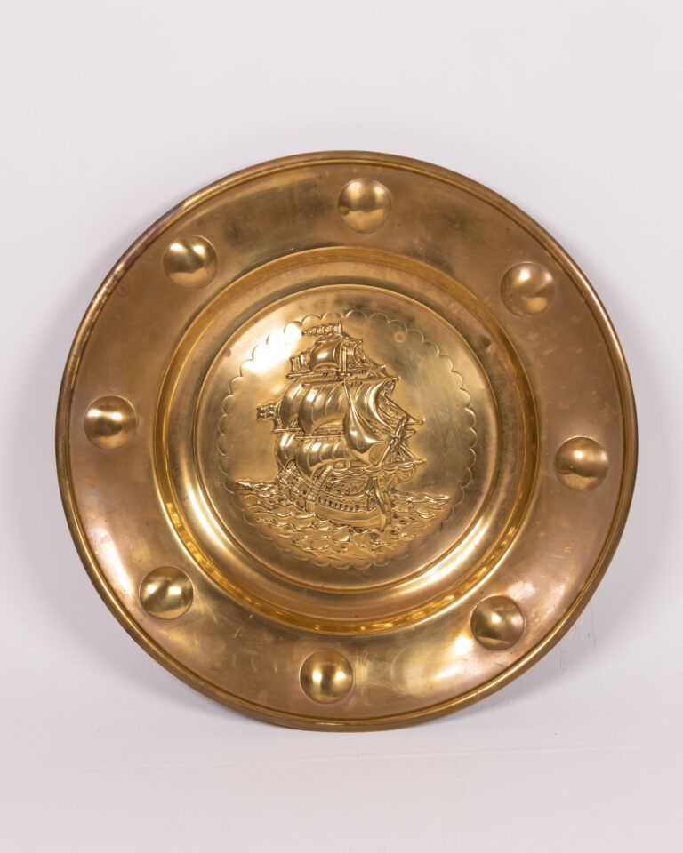 Vintage Brass Plate with Embossed Sailing Ship
