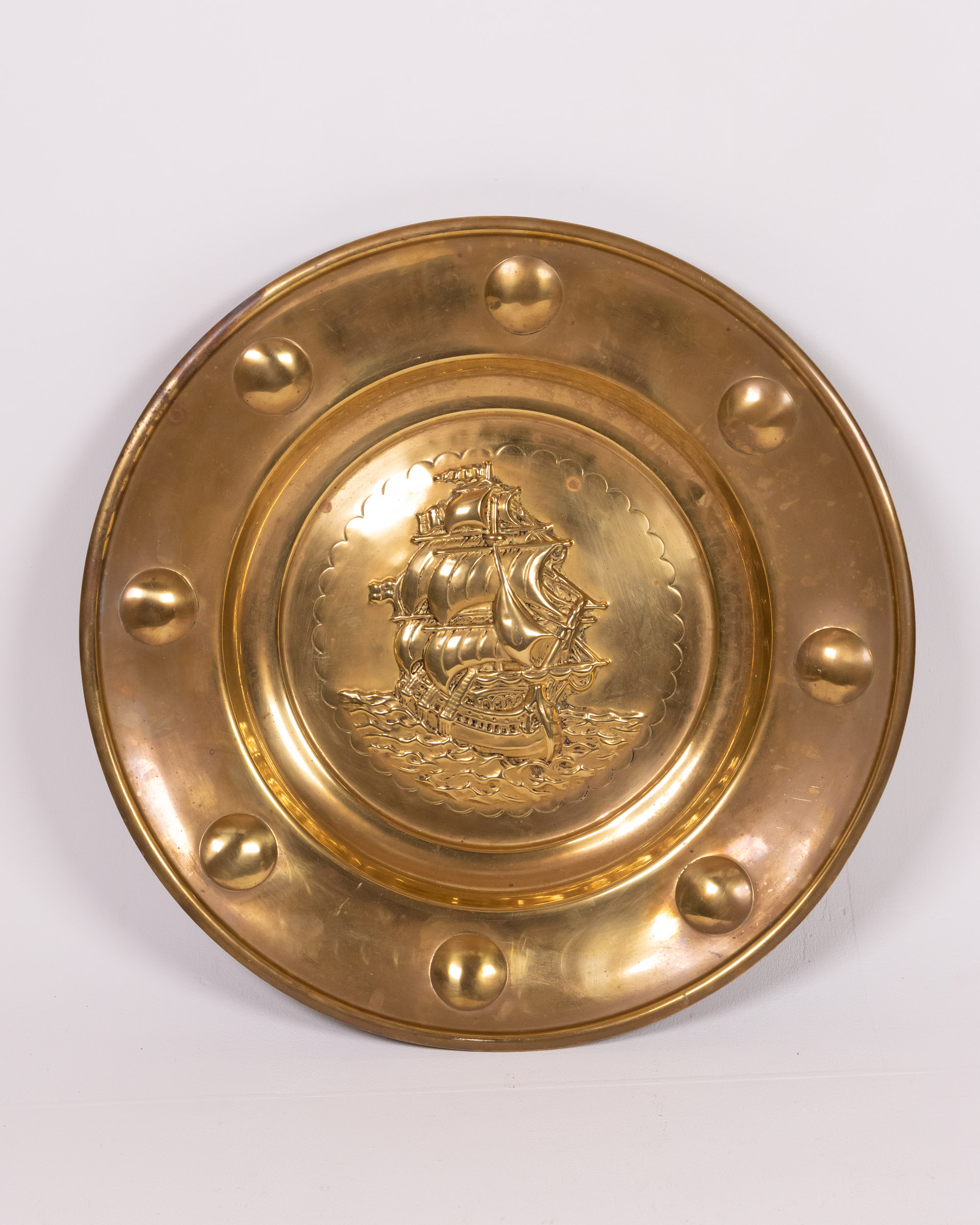 Vintage Brass Plate with Embossed Sailing Ship
