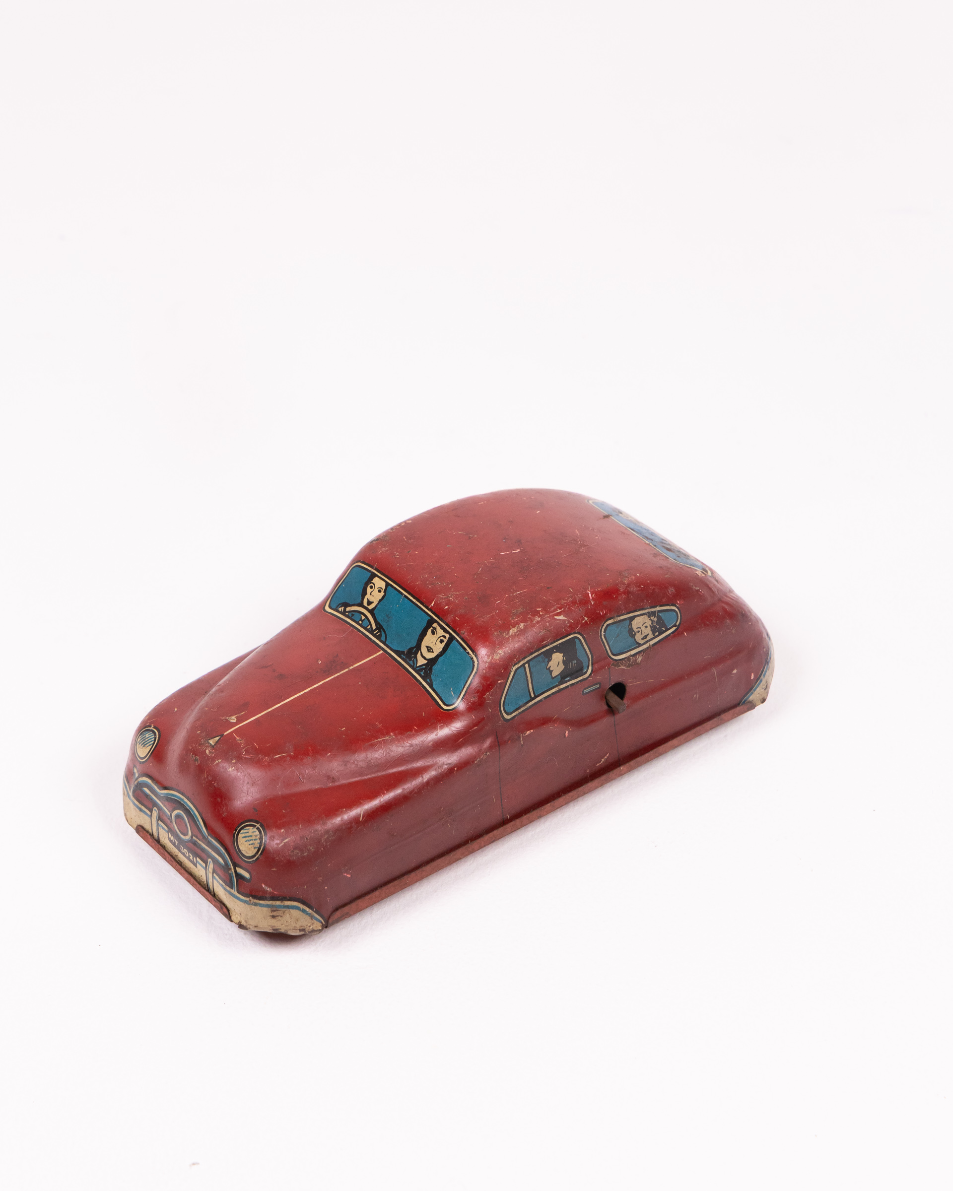 Vintage Red Tinplate Clockwork Car with Passengers