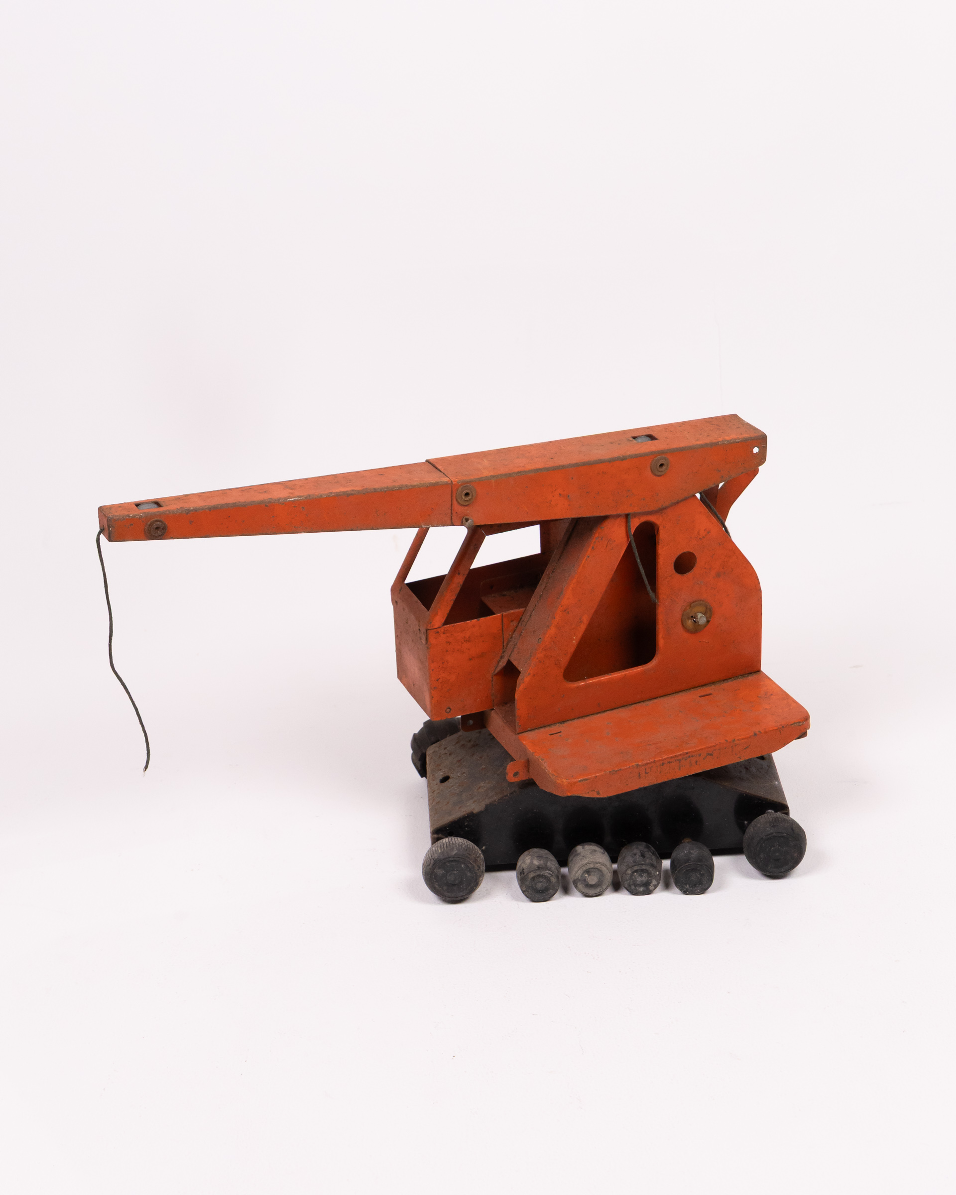 Vintage Orange Triang Metal Toy Crane with Wooden Wheels