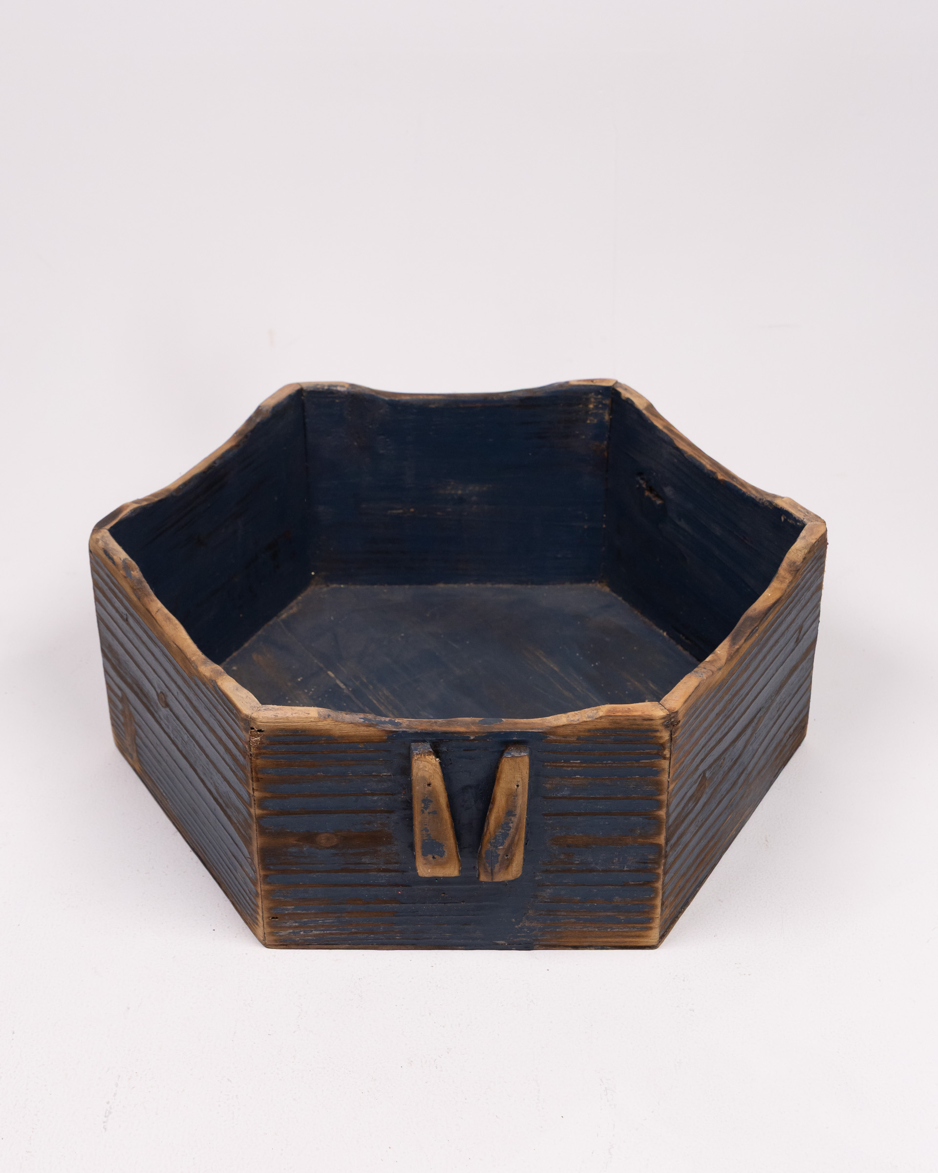 Blue Wooden Hexagonal Bowl with Handle Detail