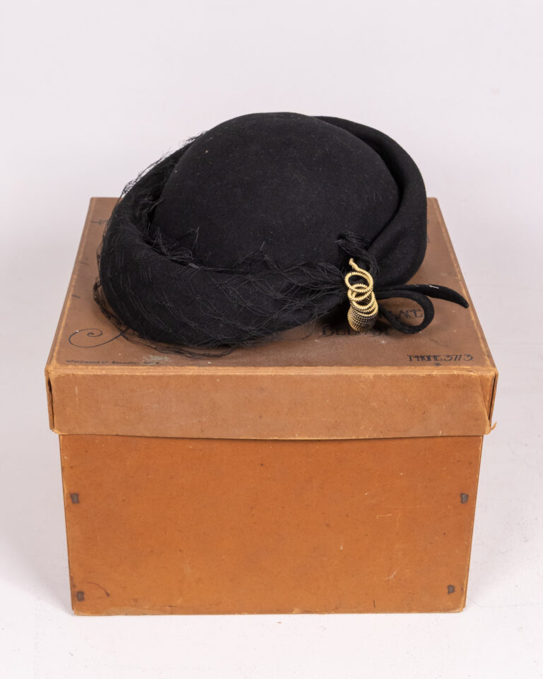 Vintage Black Felt Hat with Gold Detail in Original Box