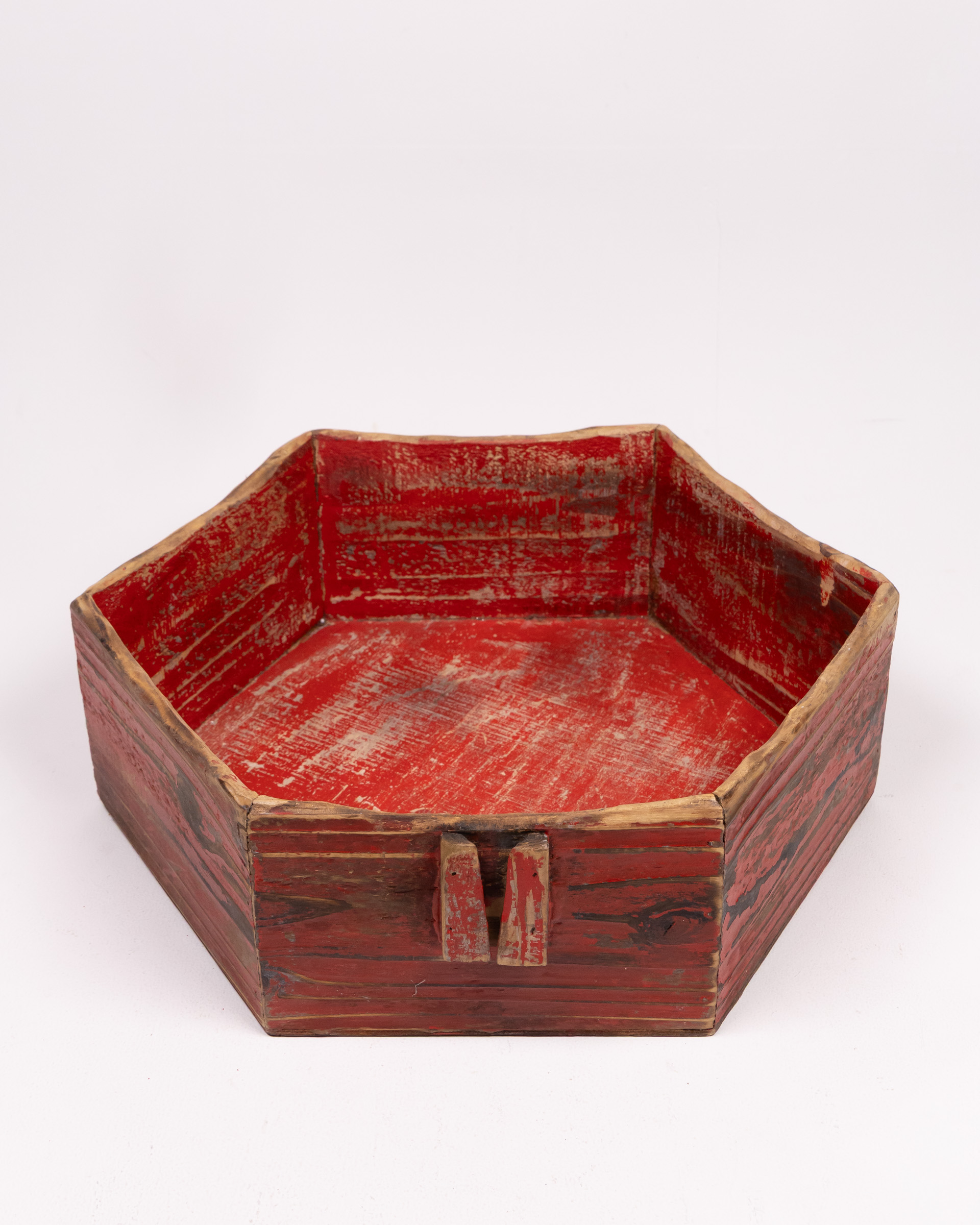 Rustic Red Wooden Hexagonal Tray with Handle