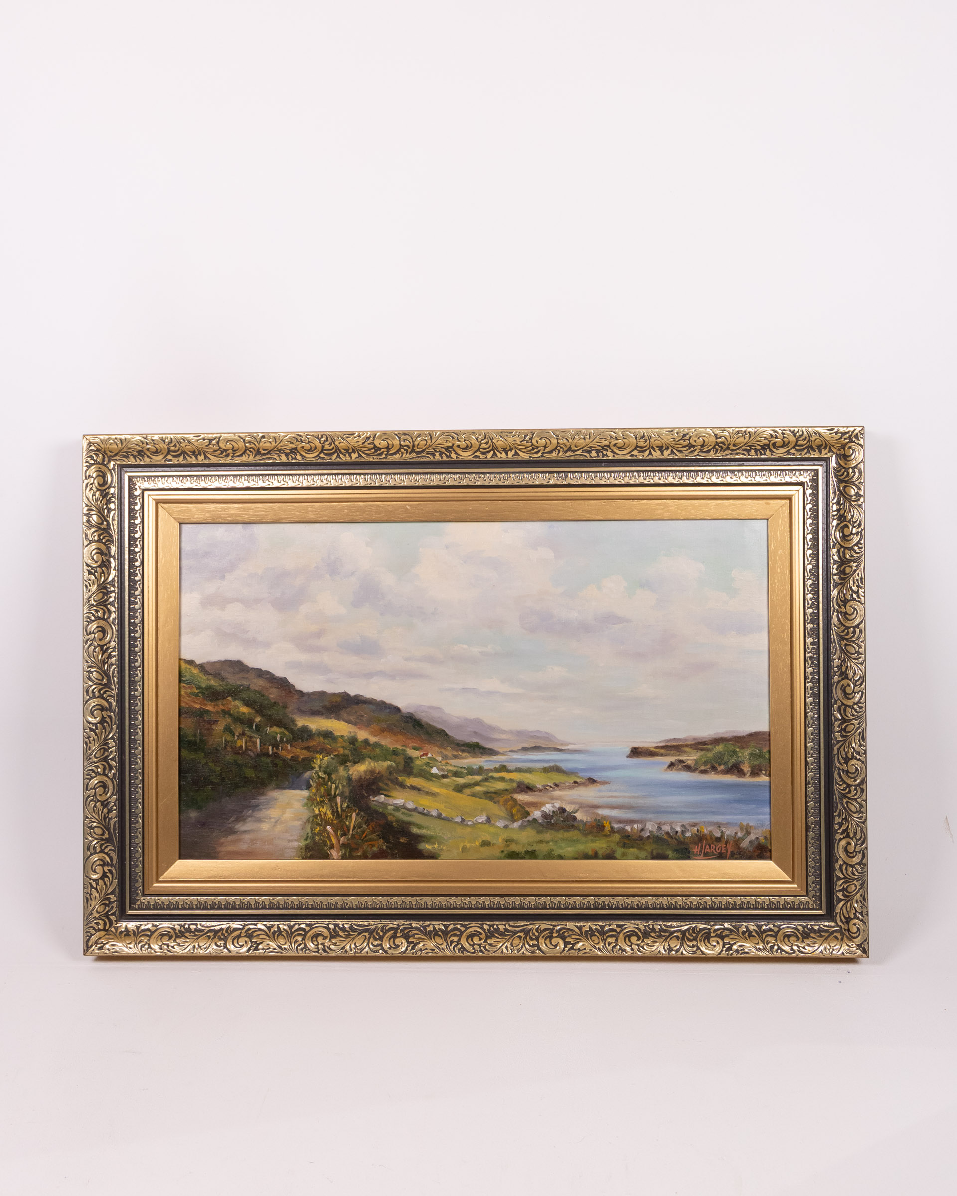 Framed Coastal Landscape Oil Painting by Hugh Largey with Gold Ornate Frame