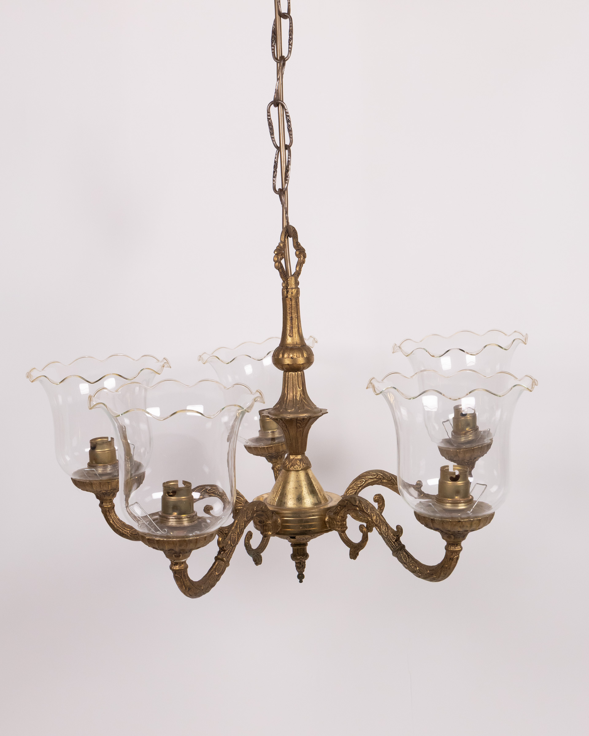 Vintage Brass Chandelier with Glass Shades