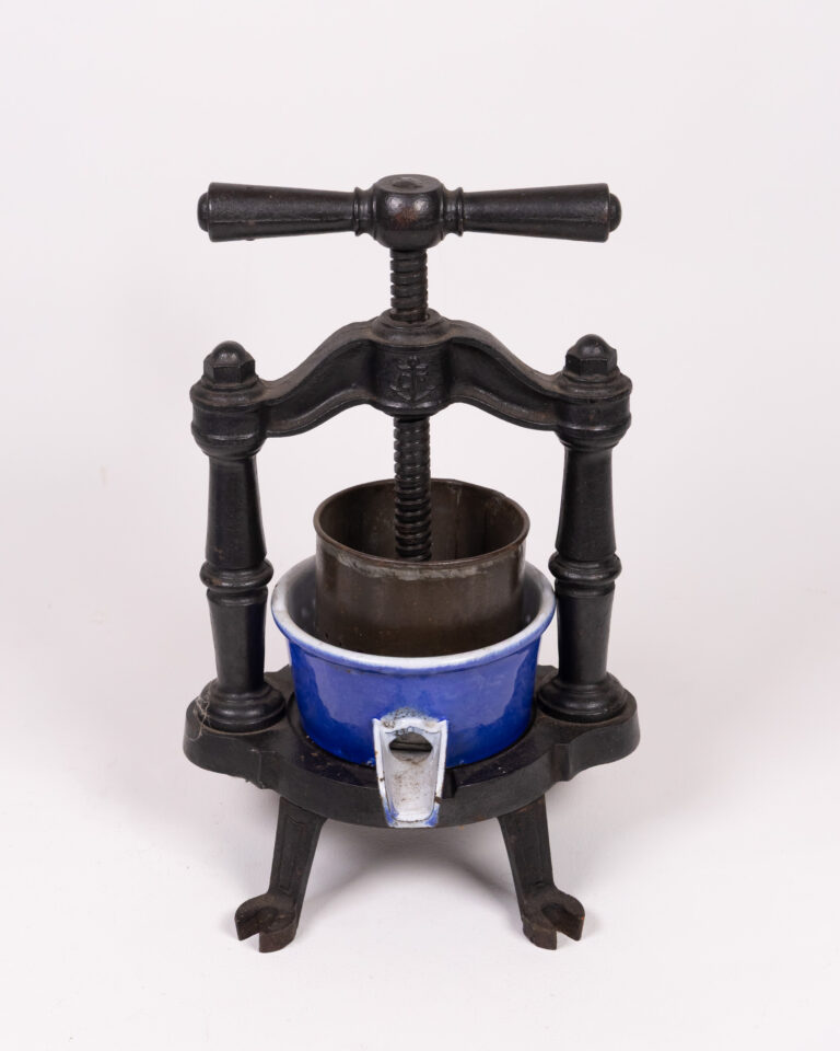 Antique French Cast Iron Meat Press with Enamel Bowl
