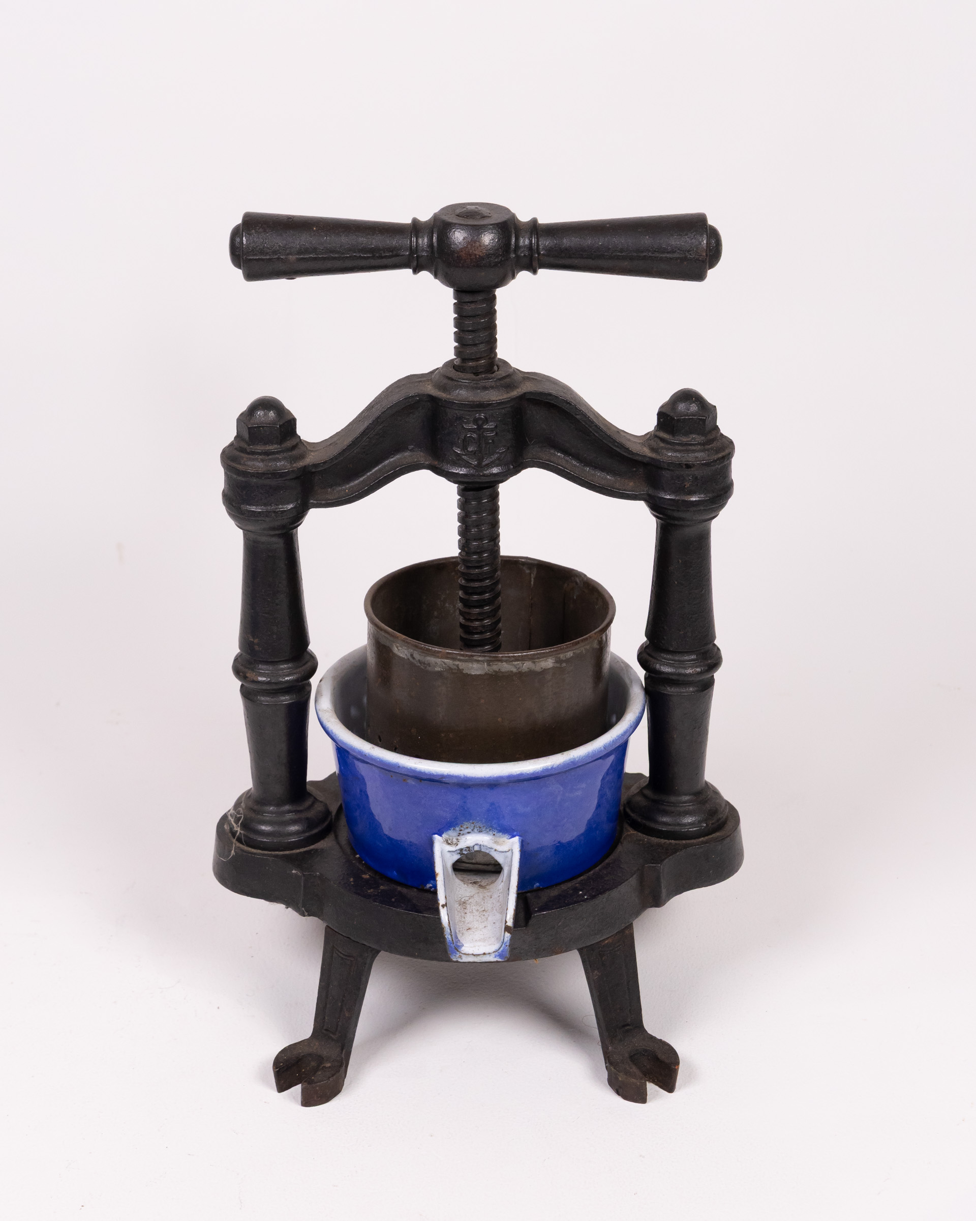 Antique French Cast Iron Meat Press with Enamel Bowl