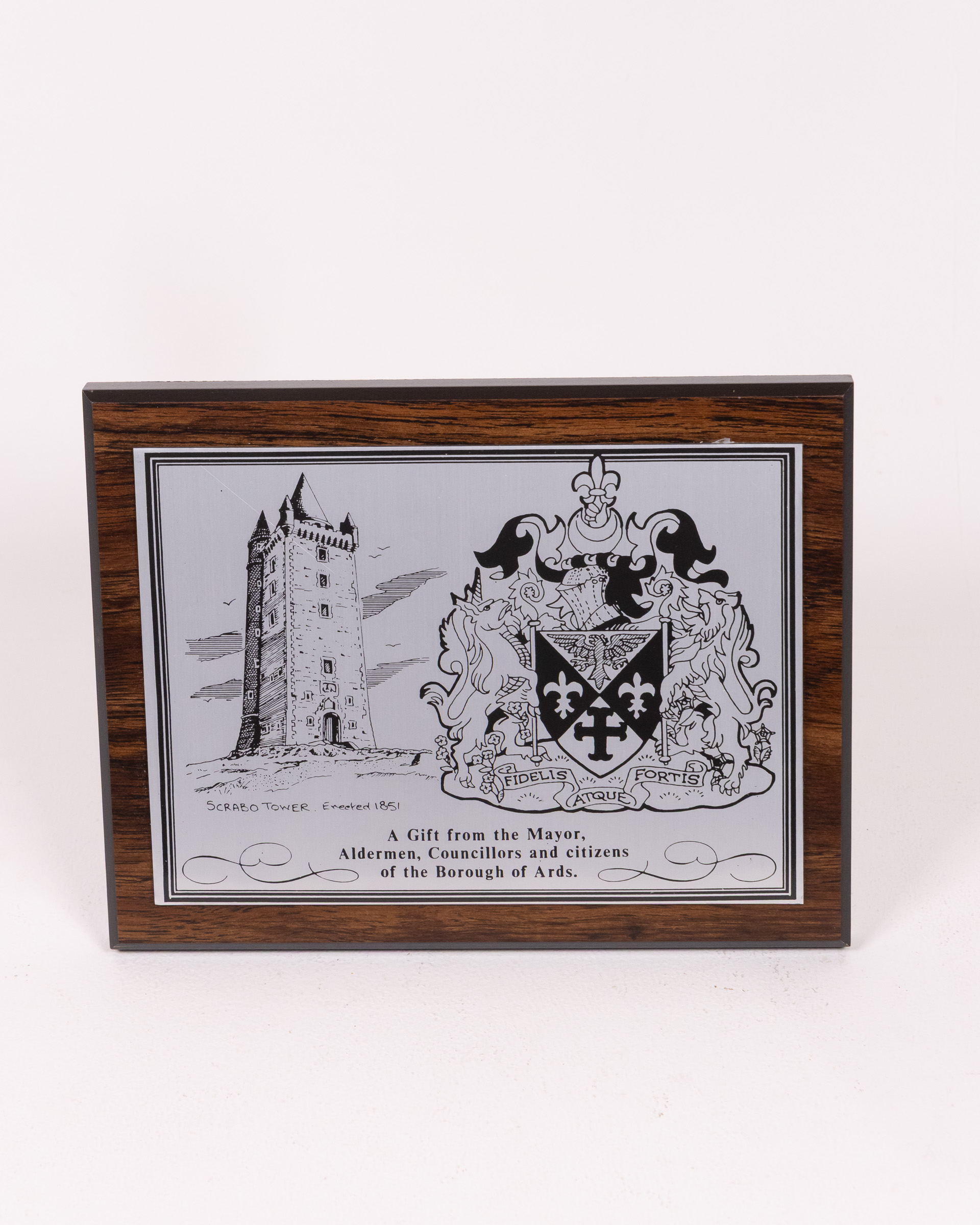 Borough of Ards Wooden Presentation Plaque with Tower