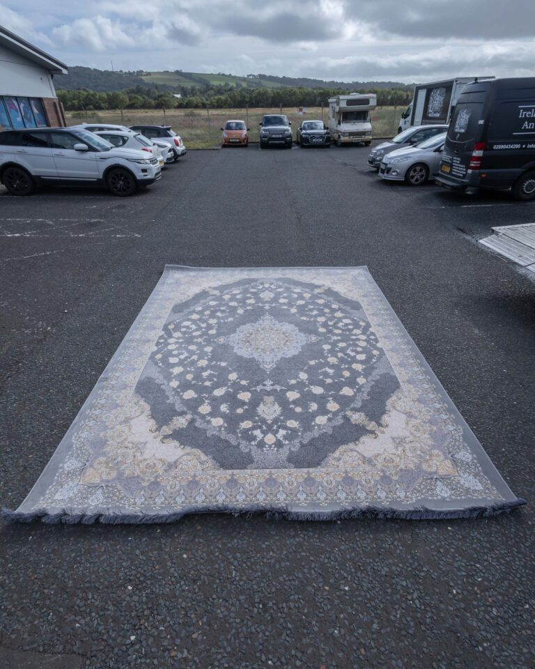 Grey Patterned Rug with Cream and Gold Floral Design JR11