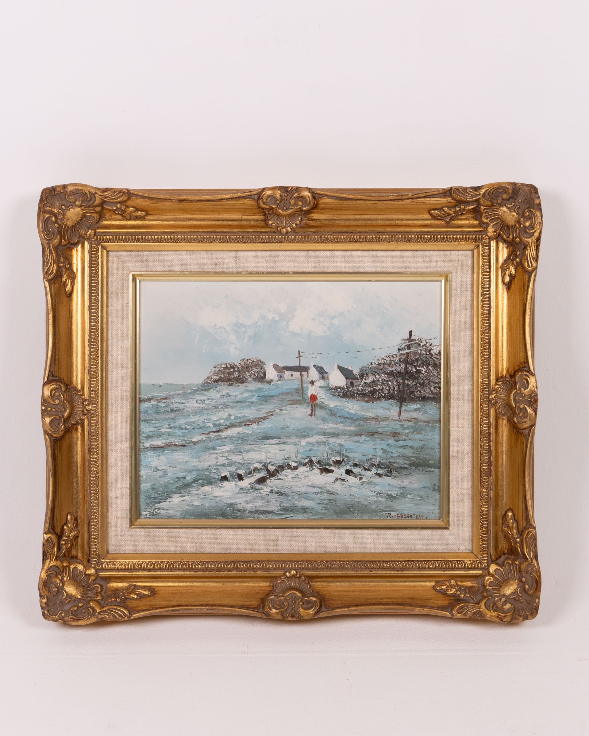 Gilt Framed Oil Painting of Coastal Scene with Figure