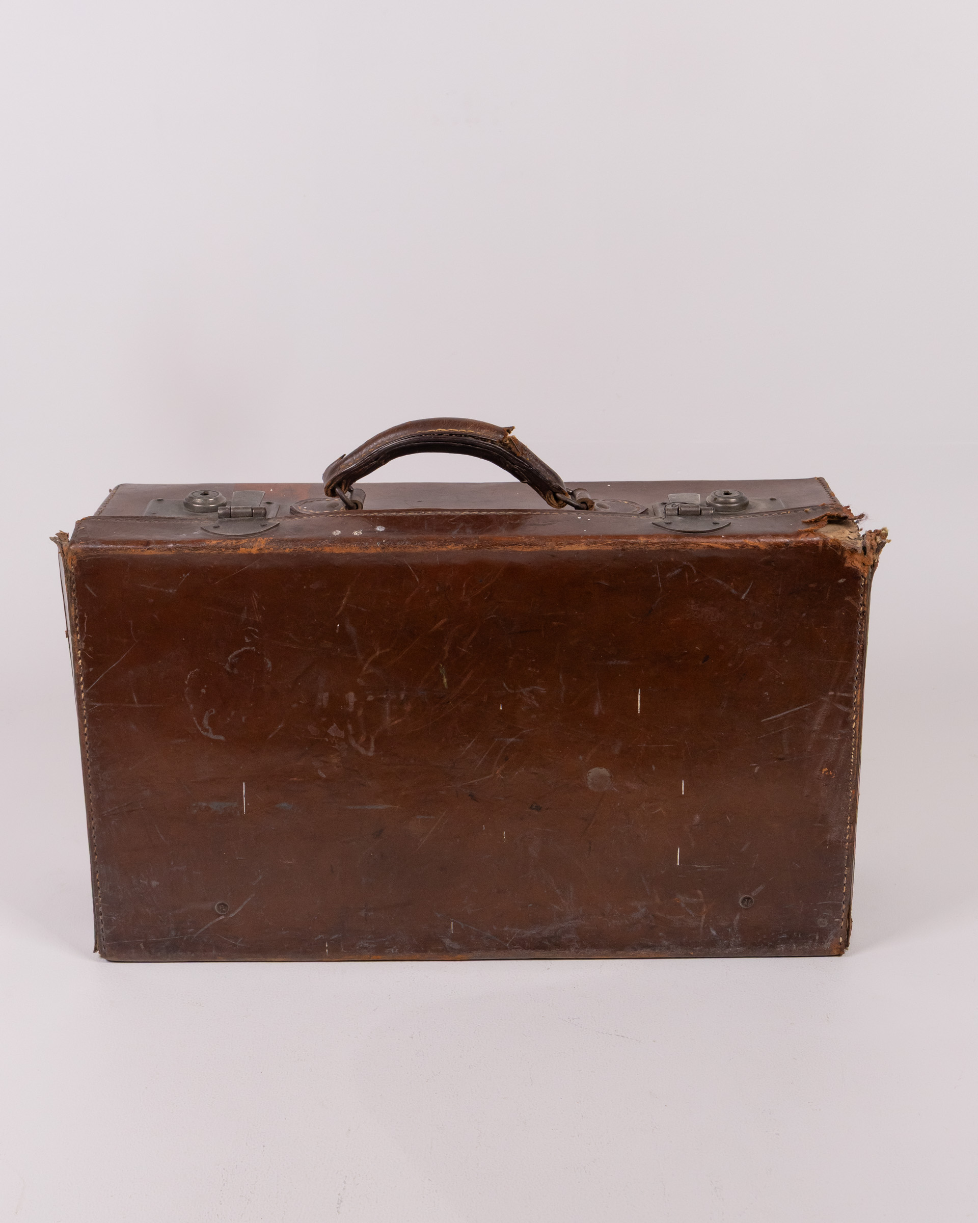 Vintage Brown Leather Suitcase with Metal Clasps