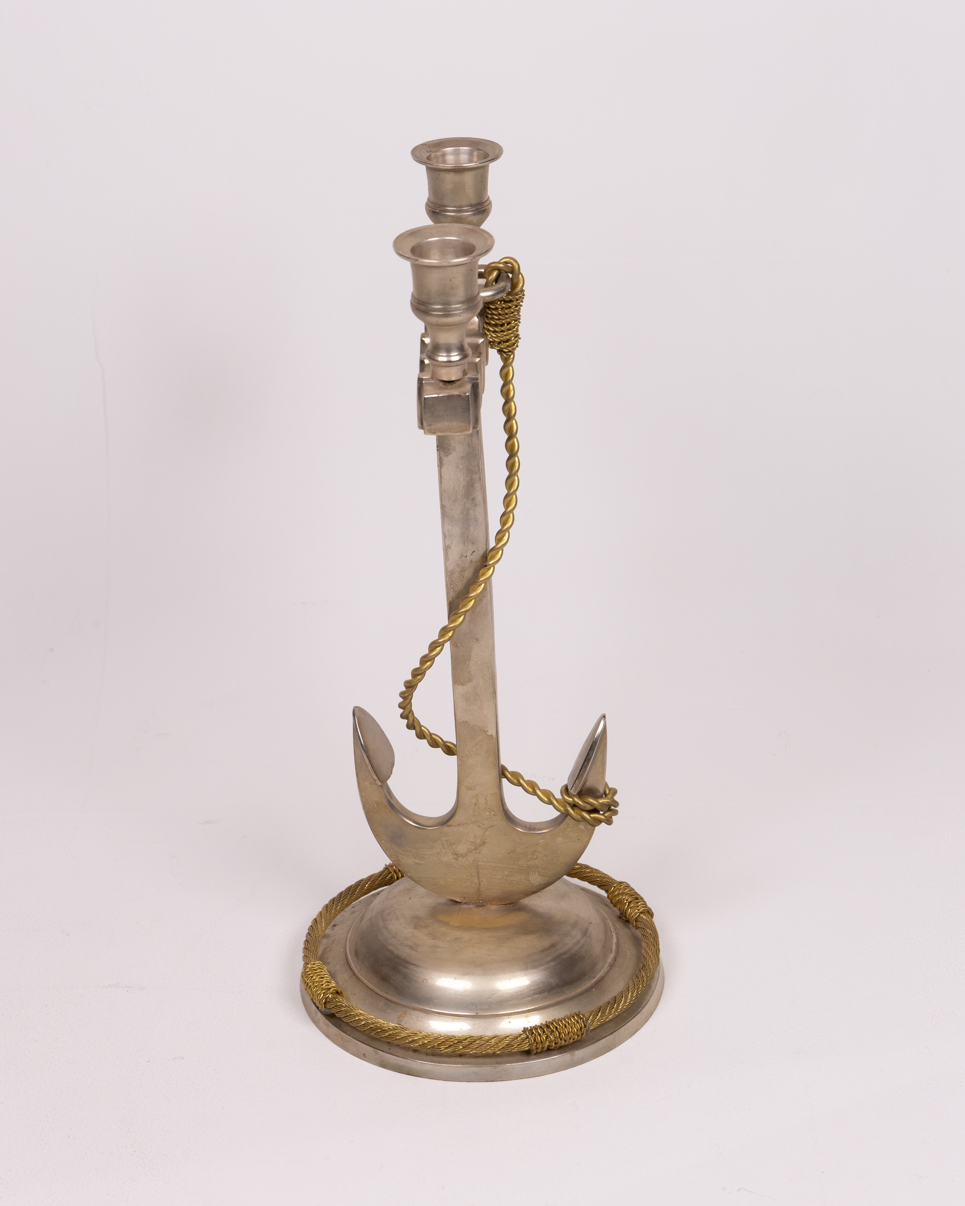 Nautical Metal Anchor Candlestick Holder with Gold Rope Detail