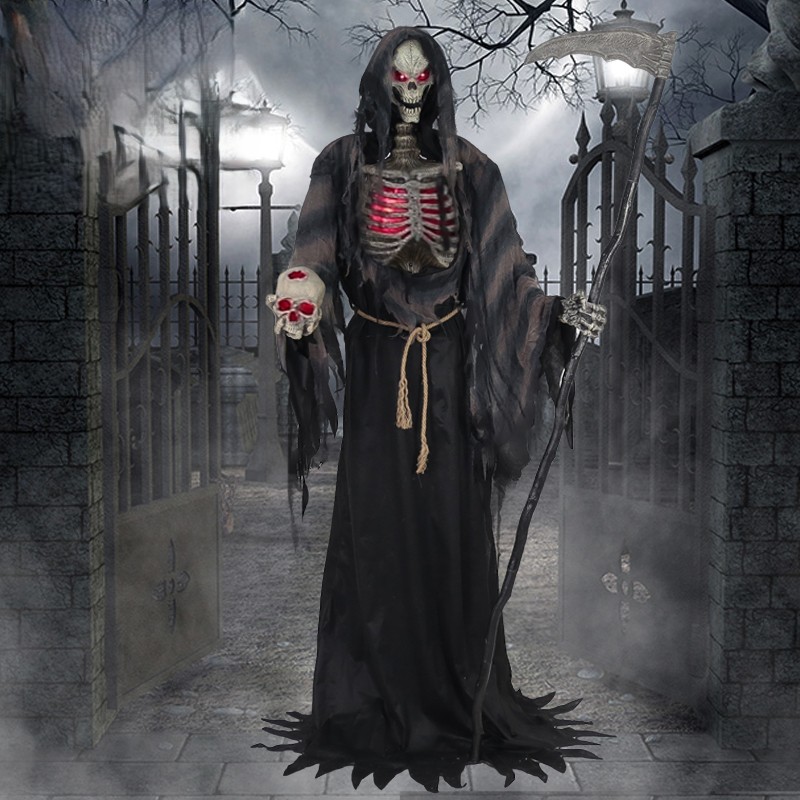 Animated Grim Reaper Halloween Prop Holding Skull