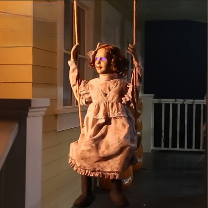 Animated Halloween Dolly Girl on Swing with Lights Animatronic Prop