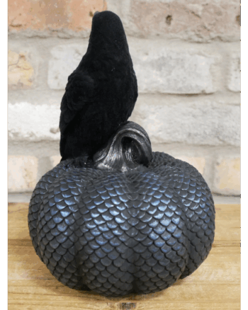 Black Crow on Scale-Patterned Pumpkin Ornament