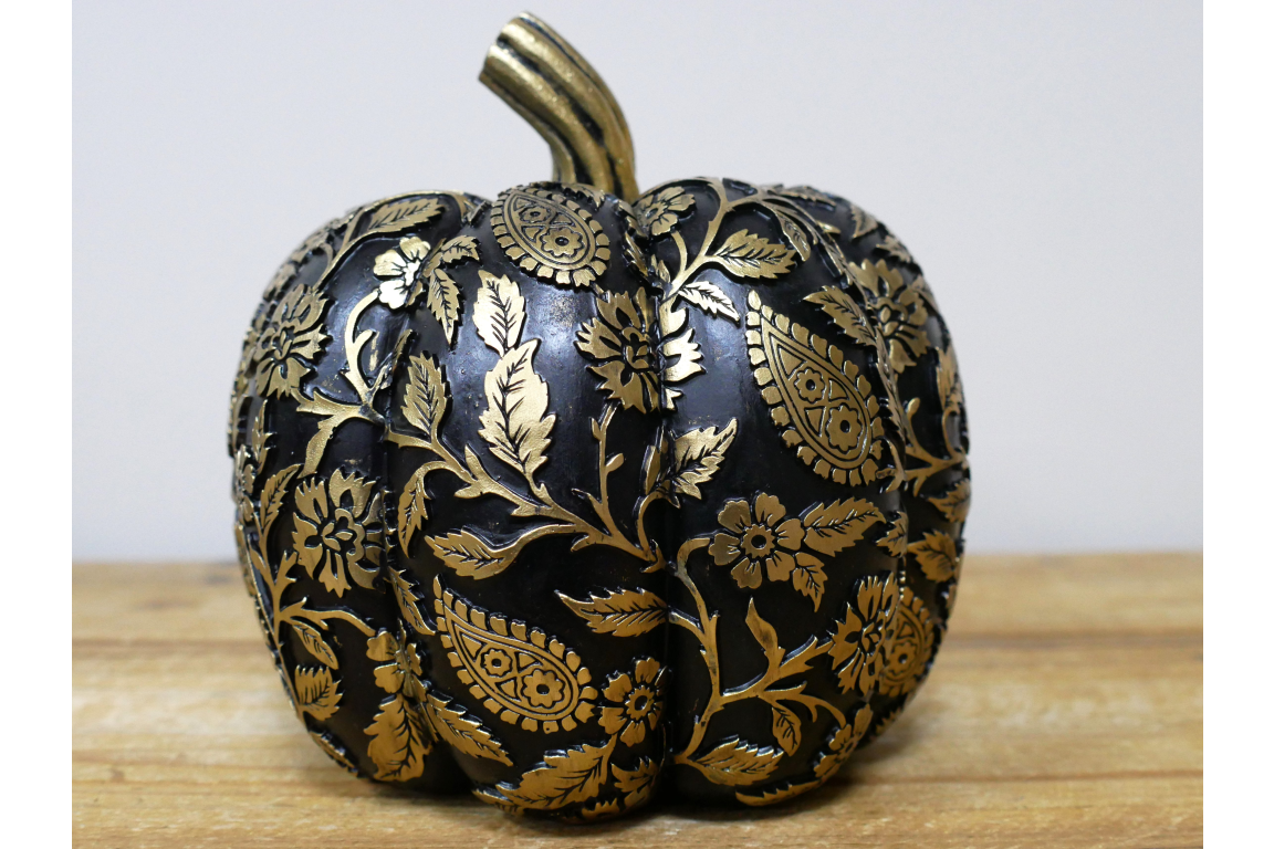 Black & Gold Decorative Pumpkin with Floral Design