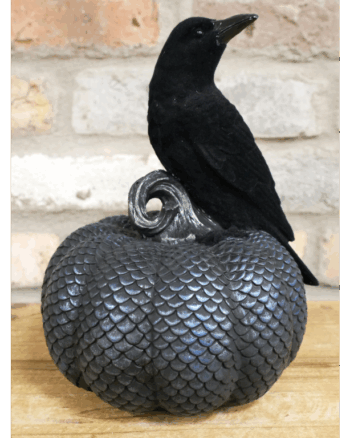 Black Crow on Scale-Patterned Pumpkin Ornament