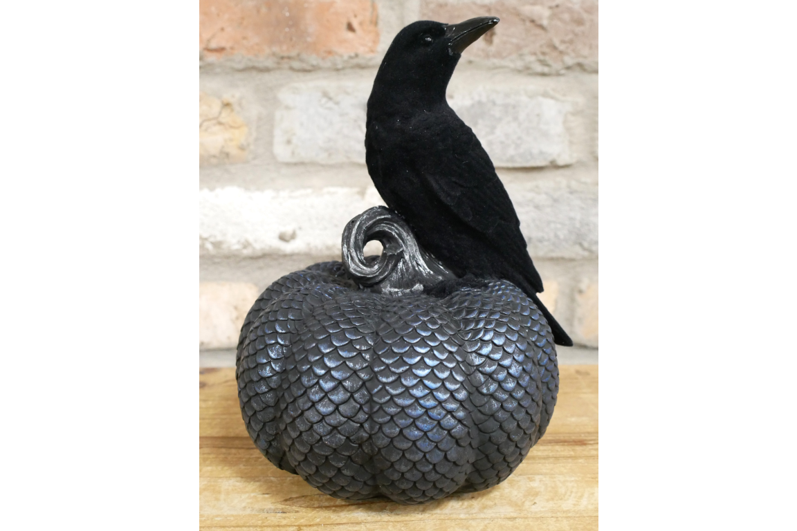 Black Crow on Scale-Patterned Pumpkin Ornament