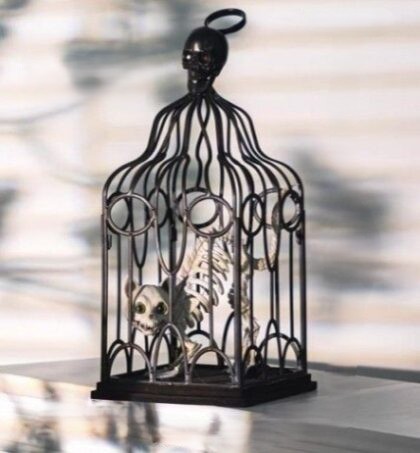 Metal Skull Birdcage with Cat Skeleton Halloween Decoration