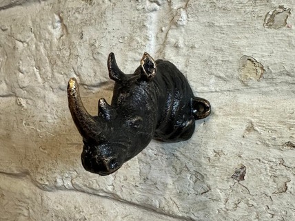 Cast Iron Rhino Head Wall Hook with Gold Horn