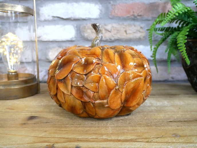 Leaf Decorated Pumpkin Decoration with Silver Stem