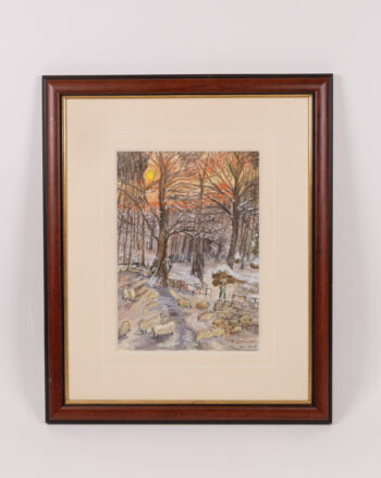 Framed Watercolour Painting of Sheep in Winter Landscape
