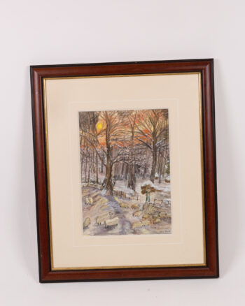 Framed Watercolour Painting of Sheep in Winter Landscape