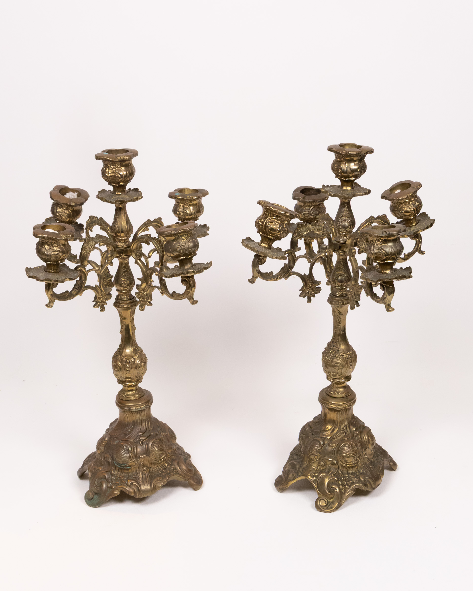 Antique Brass Five-Arm Candelabras with Floral Detail